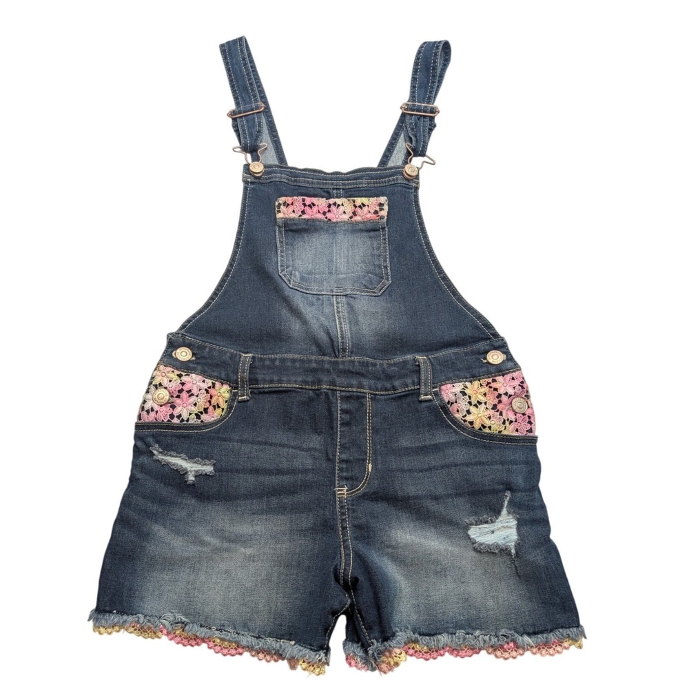 Jordache Shortalls Girls XL 14-16 Blue Denim Distressed Crochet Lace Trim